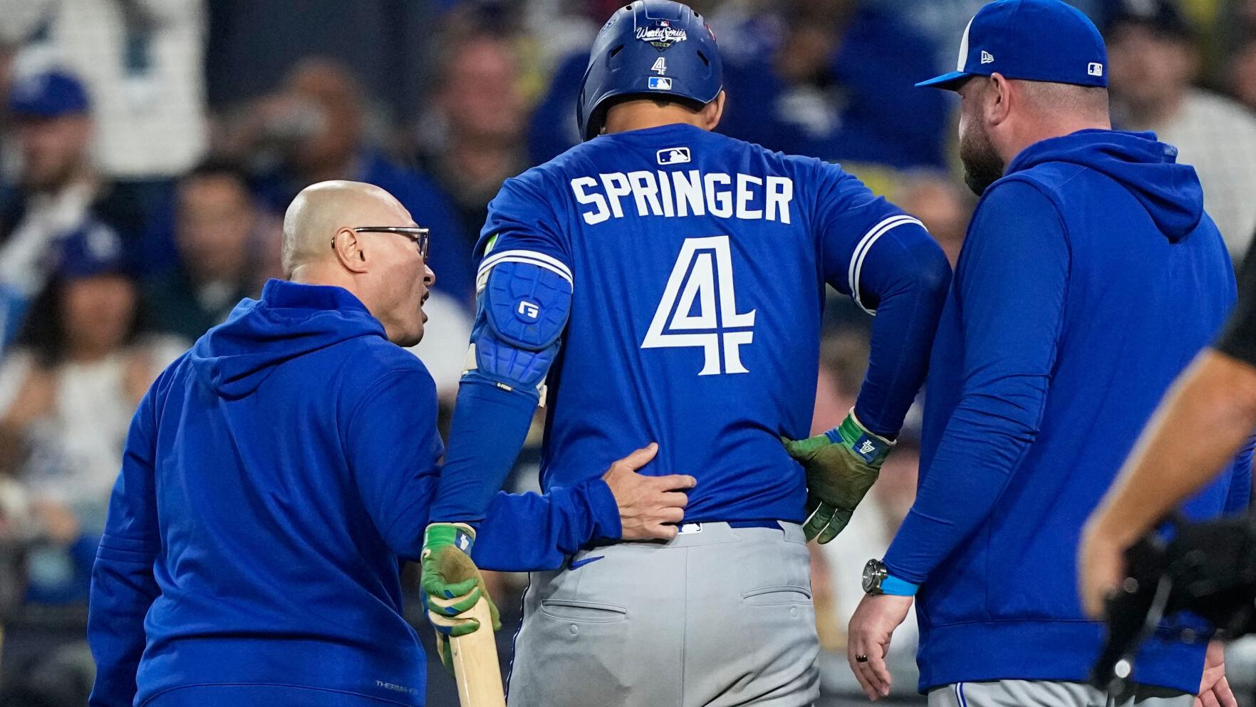 Blue Jays' George Springer leaves Game 3 of World Series after injuring himself on a swing